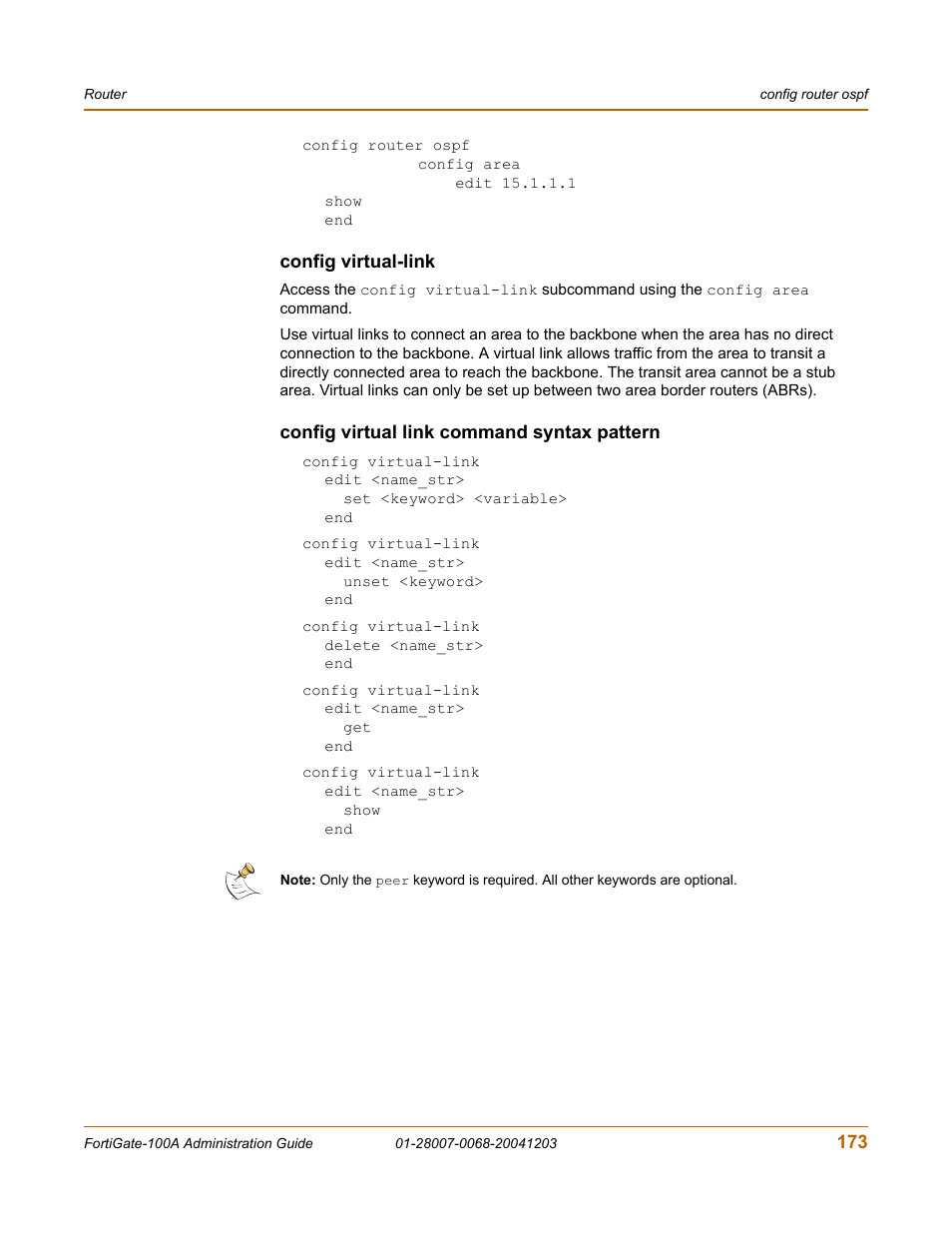 Config virtual-link, Config virtual link command syntax pattern | Fortinet 100A User Manual | Page 173 / 374