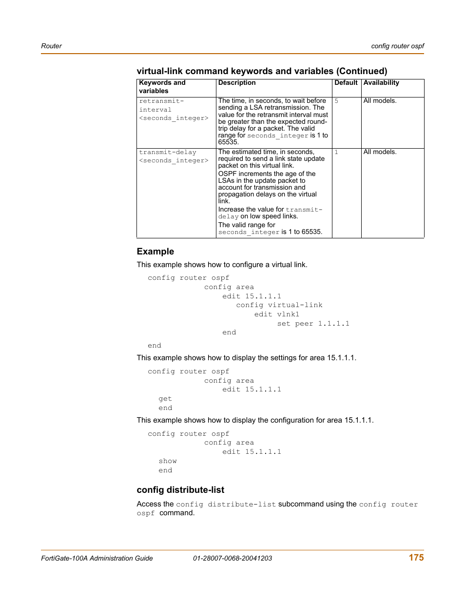 Example, Config distribute-list | Fortinet 100A User Manual | Page 175 / 374