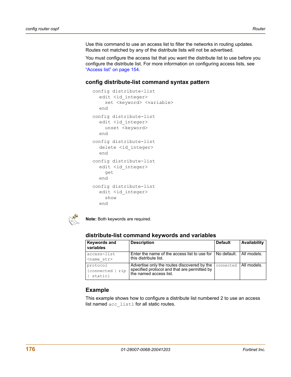 Config distribute-list command syntax pattern, Example | Fortinet 100A User Manual | Page 176 / 374