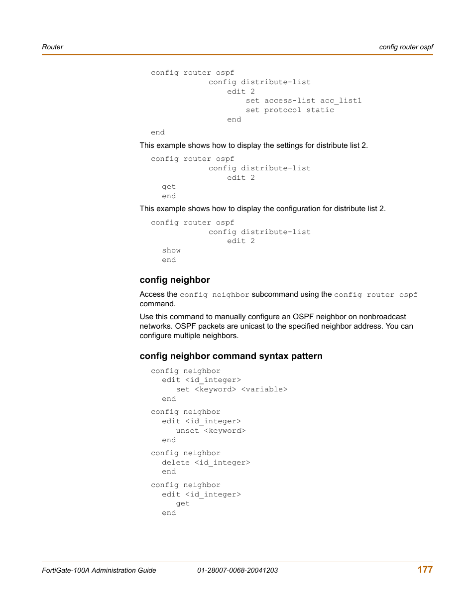 Config neighbor, Config neighbor command syntax pattern | Fortinet 100A User Manual | Page 177 / 374