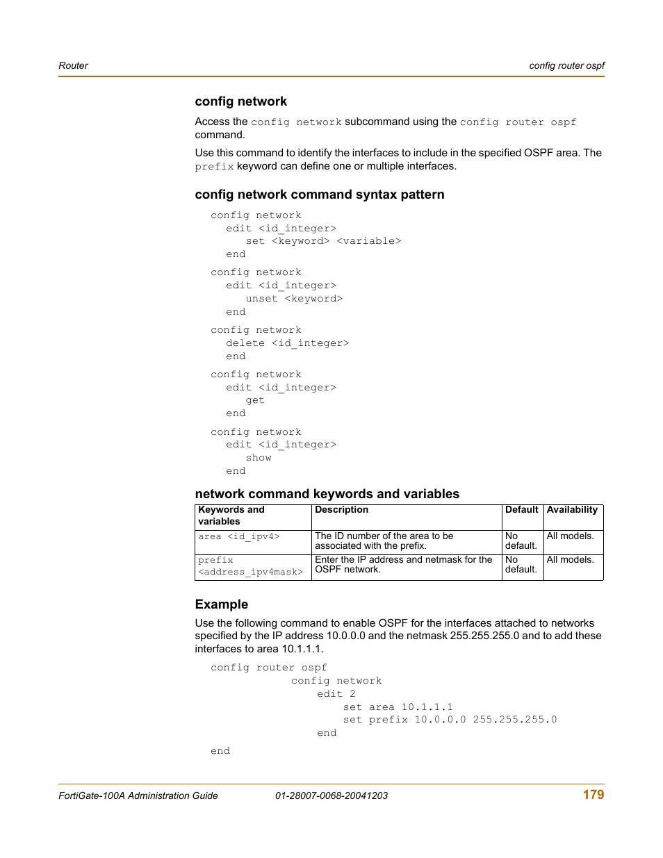 Config network, Config network command syntax pattern, Example | Fortinet 100A User Manual | Page 179 / 374