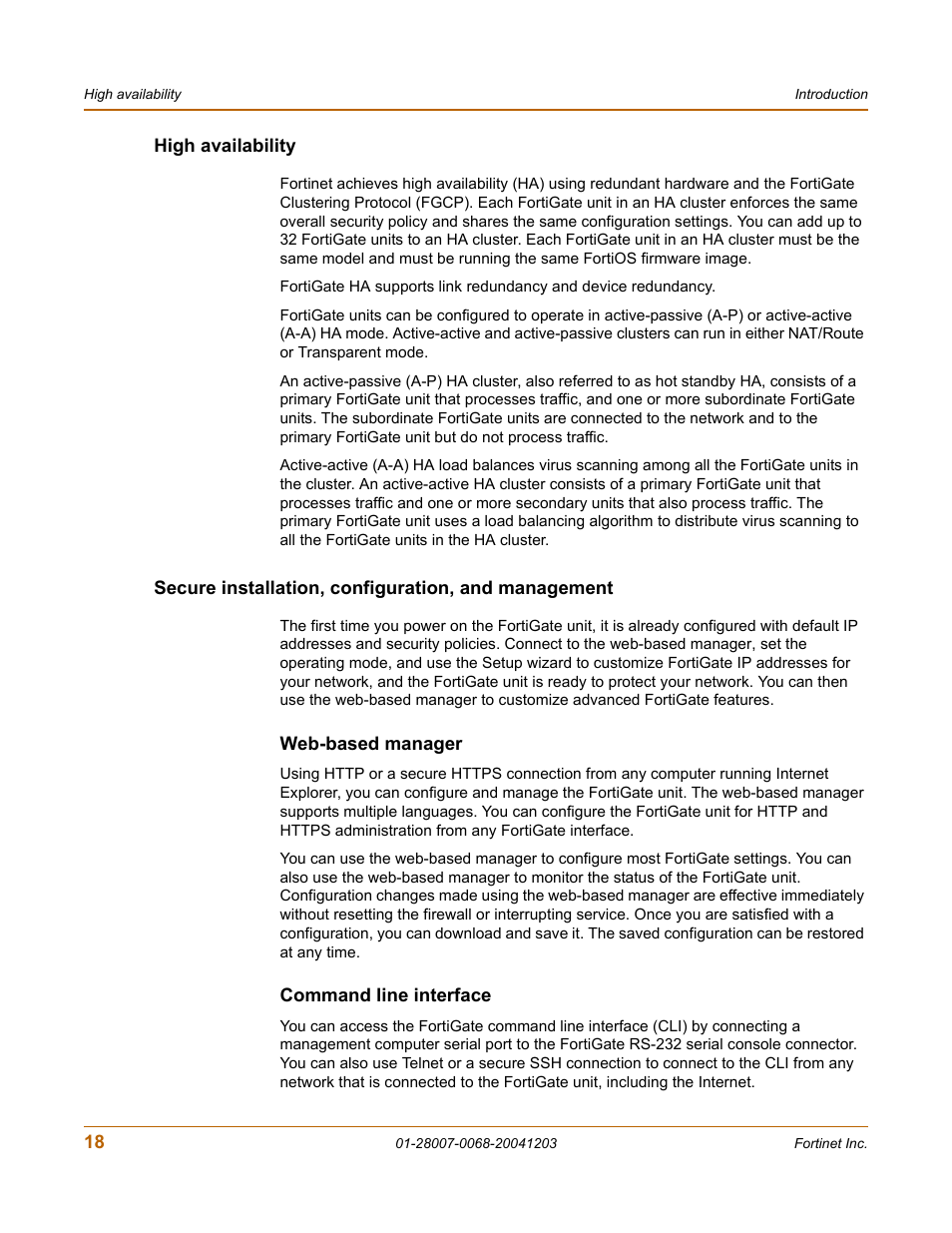 High availability, Secure installation, configuration, and management, Web-based manager | Command line interface | Fortinet 100A User Manual | Page 18 / 374