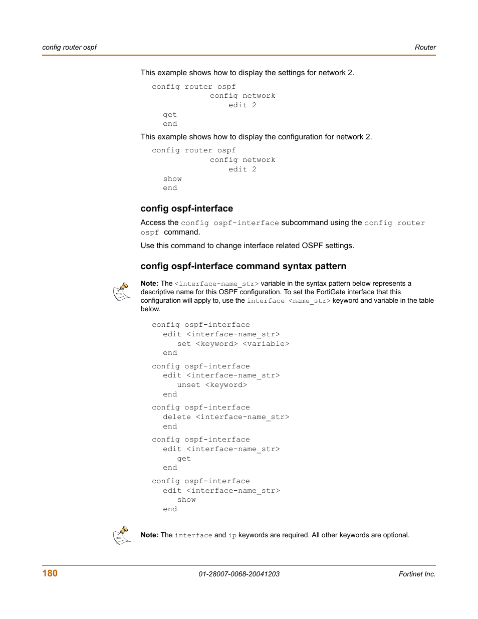 Config ospf-interface, Config ospf-interface command syntax pattern | Fortinet 100A User Manual | Page 180 / 374