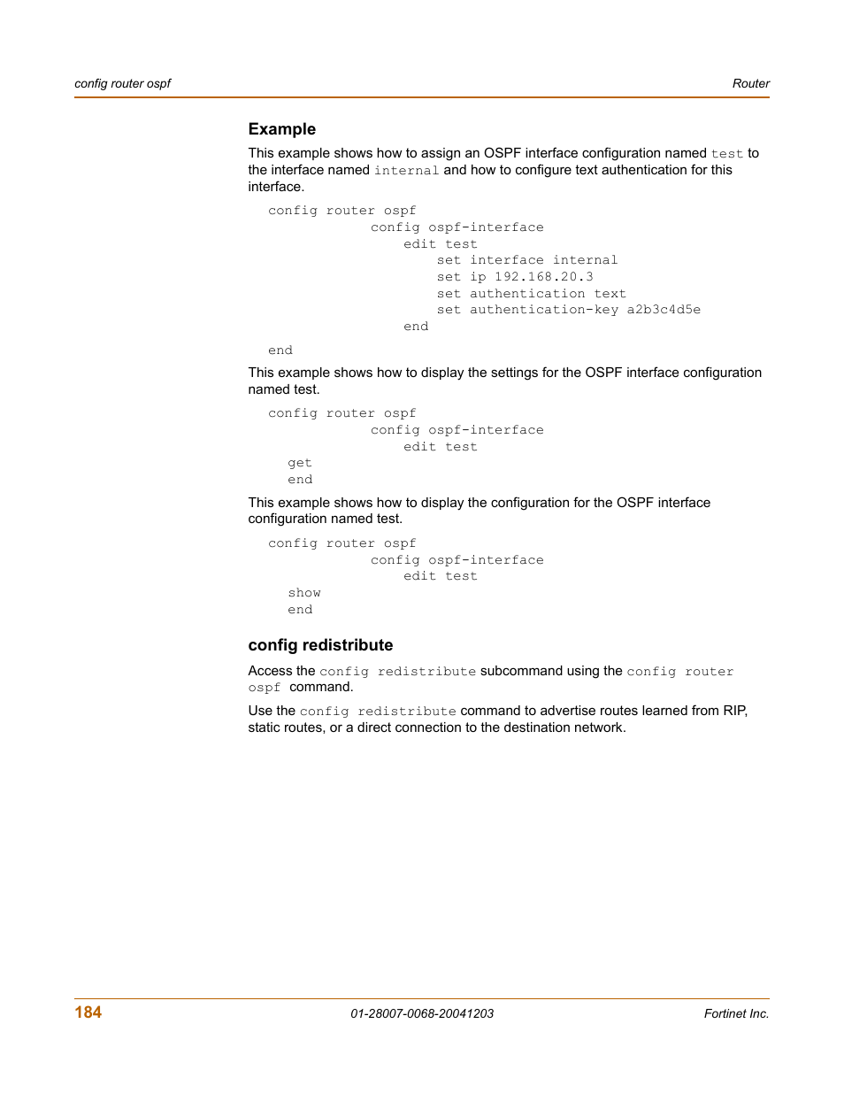 Example, Config redistribute | Fortinet 100A User Manual | Page 184 / 374