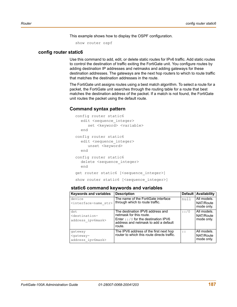 Config router static6, Command syntax pattern | Fortinet 100A User Manual | Page 187 / 374