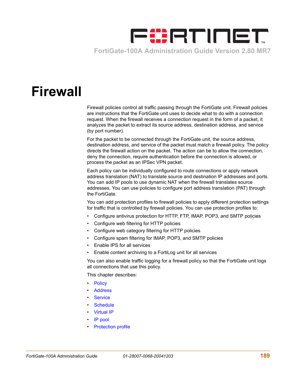 Firewall | Fortinet 100A User Manual | Page 189 / 374