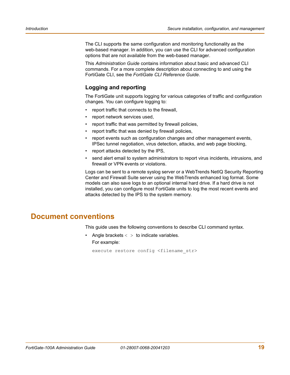 Logging and reporting, Document conventions | Fortinet 100A User Manual | Page 19 / 374