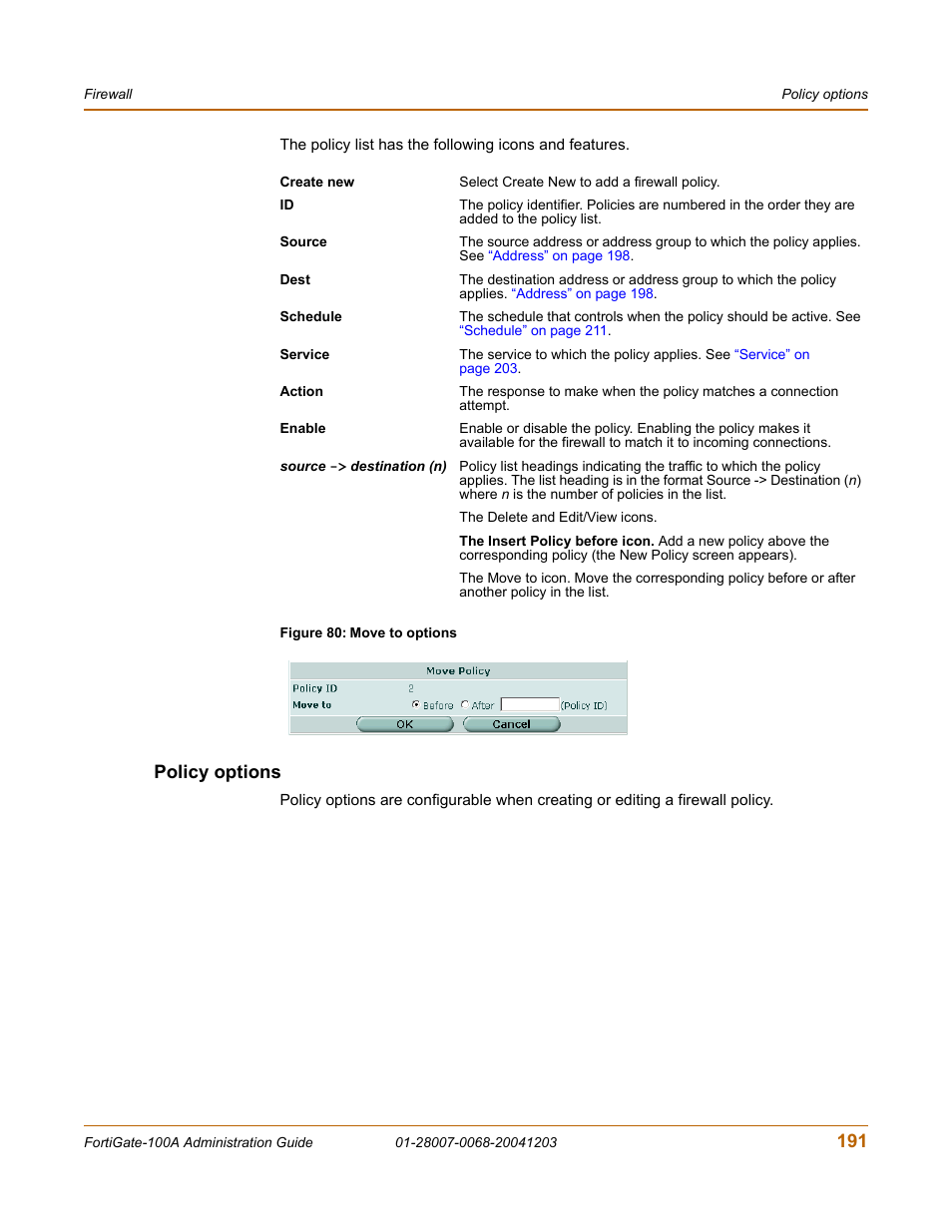 Policy options | Fortinet 100A User Manual | Page 191 / 374