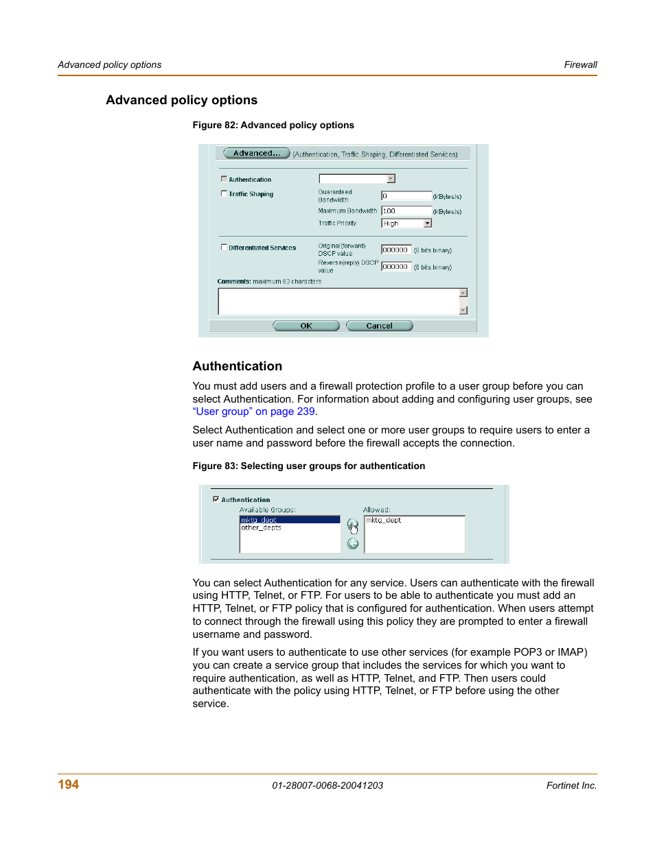 Advanced policy options, Authentication | Fortinet 100A User Manual | Page 194 / 374