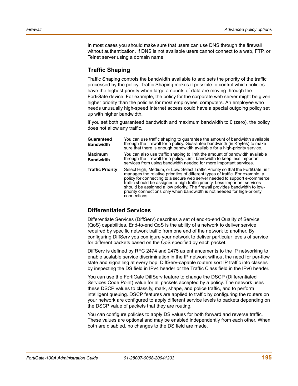 Traffic shaping, Differentiated services | Fortinet 100A User Manual | Page 195 / 374