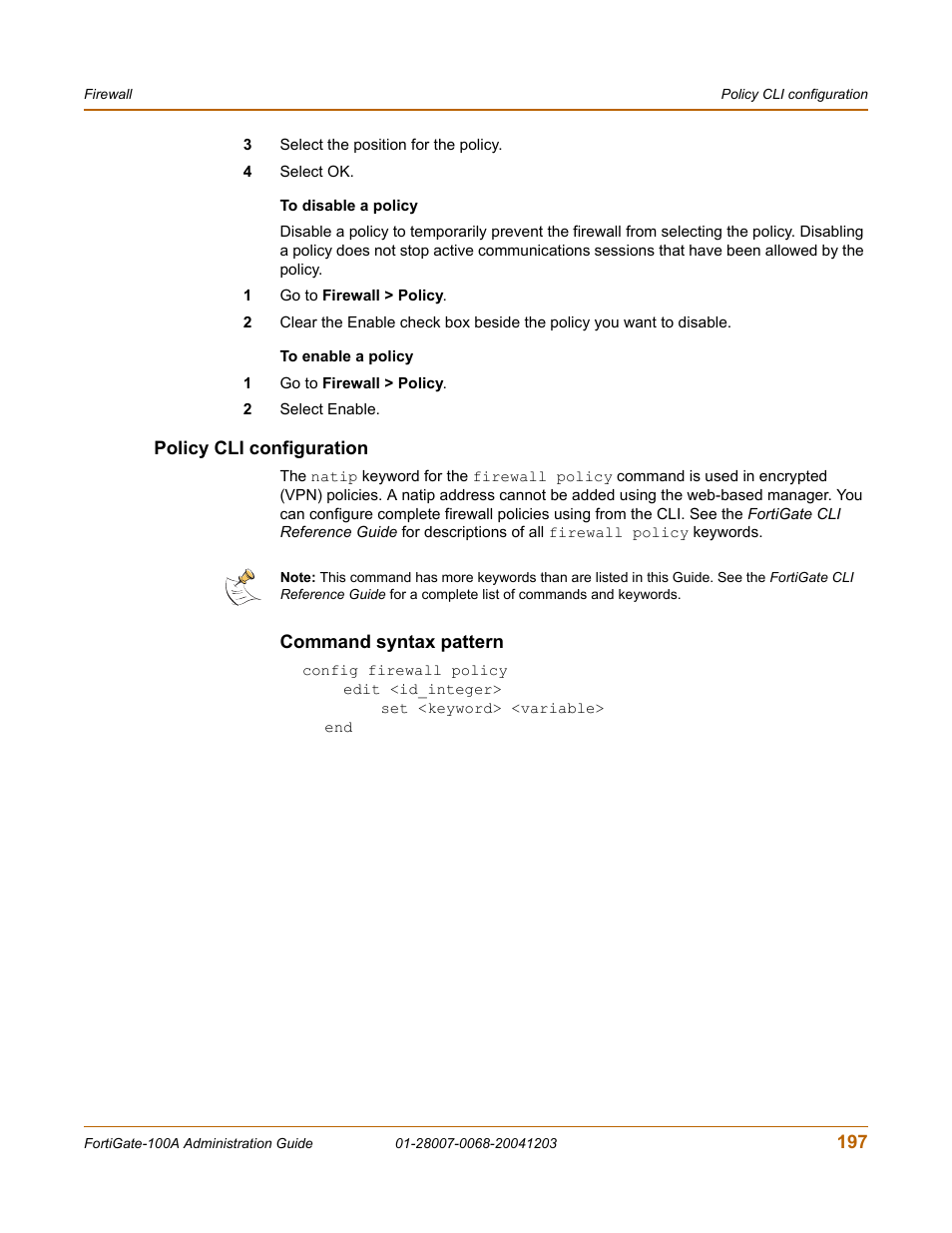 Policy cli configuration, Command syntax pattern | Fortinet 100A User Manual | Page 197 / 374