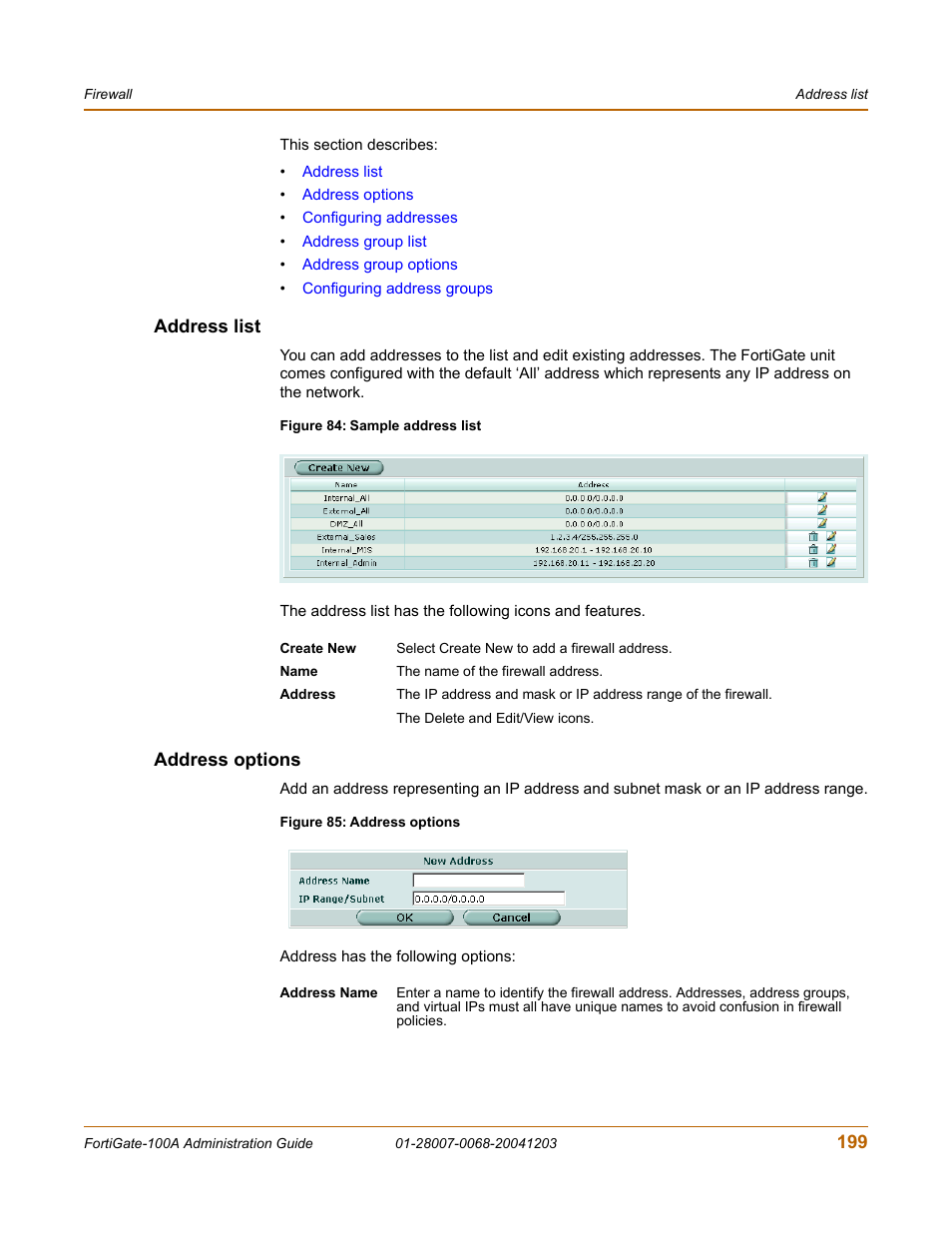 Address list, Address options, Address list address options | Fortinet 100A User Manual | Page 199 / 374