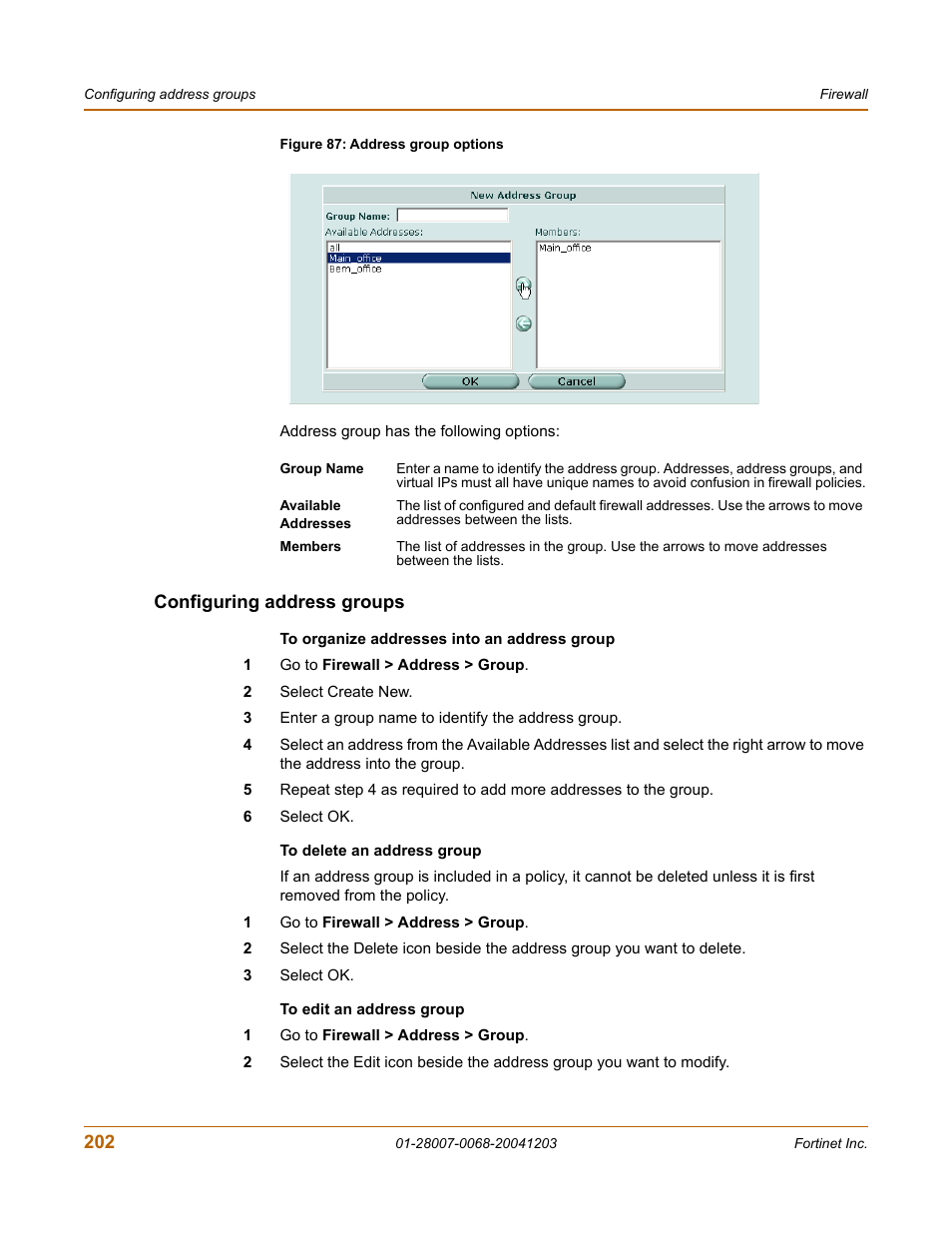 Configuring address groups | Fortinet 100A User Manual | Page 202 / 374