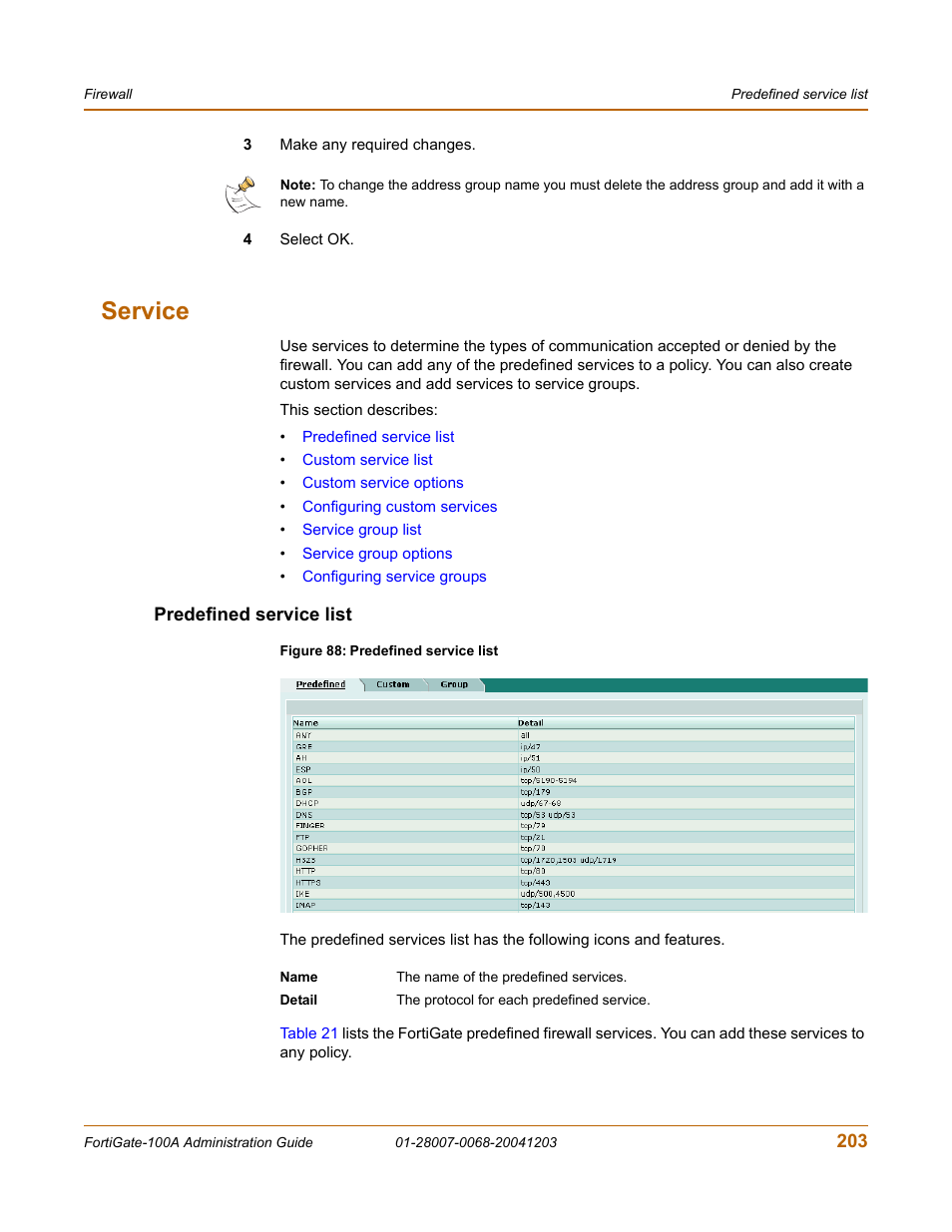 Service, Predefined service list, Service” on | Fortinet 100A User Manual | Page 203 / 374