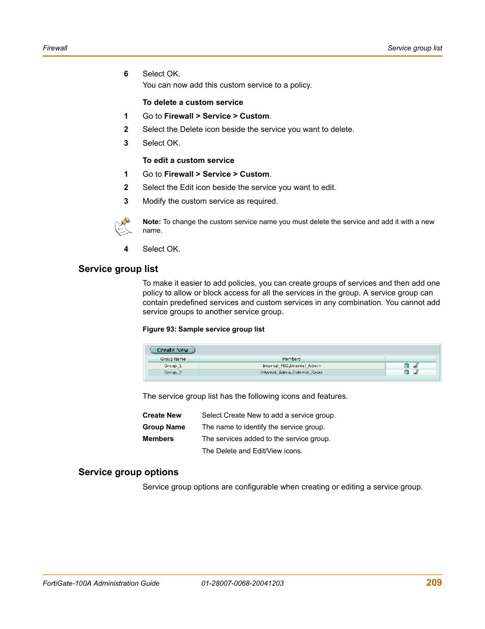 Service group list, Service group options, Service group list service group options | Fortinet 100A User Manual | Page 209 / 374