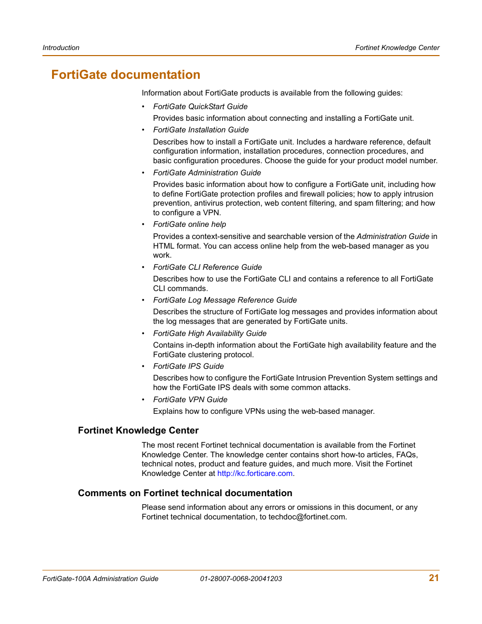 Fortigate documentation, Fortinet knowledge center, Comments on fortinet technical documentation | Fortinet 100A User Manual | Page 21 / 374