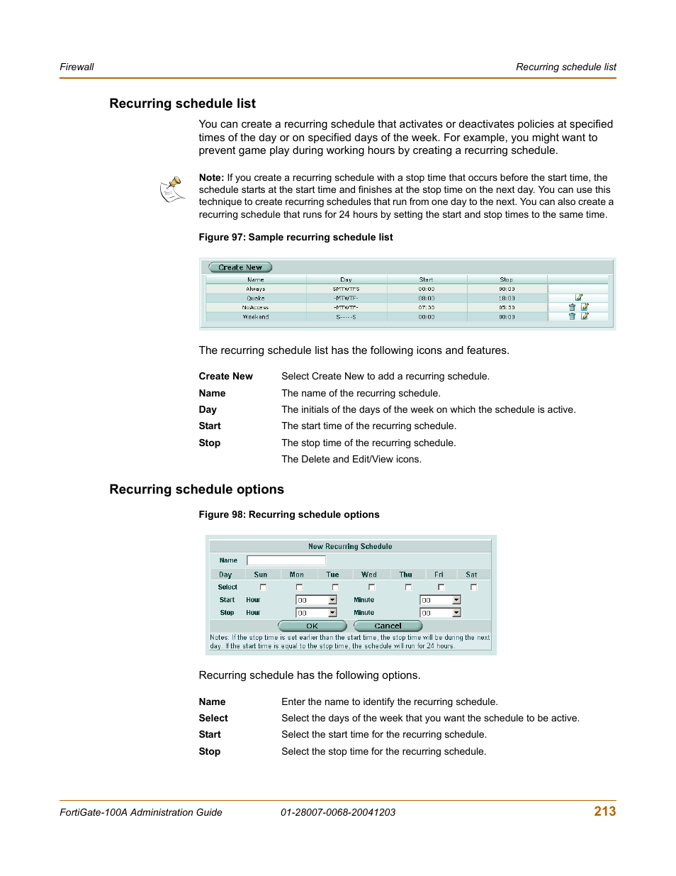 Recurring schedule list, Recurring schedule options, Recurring schedule list recurring schedule options | 213 recurring schedule list | Fortinet 100A User Manual | Page 213 / 374