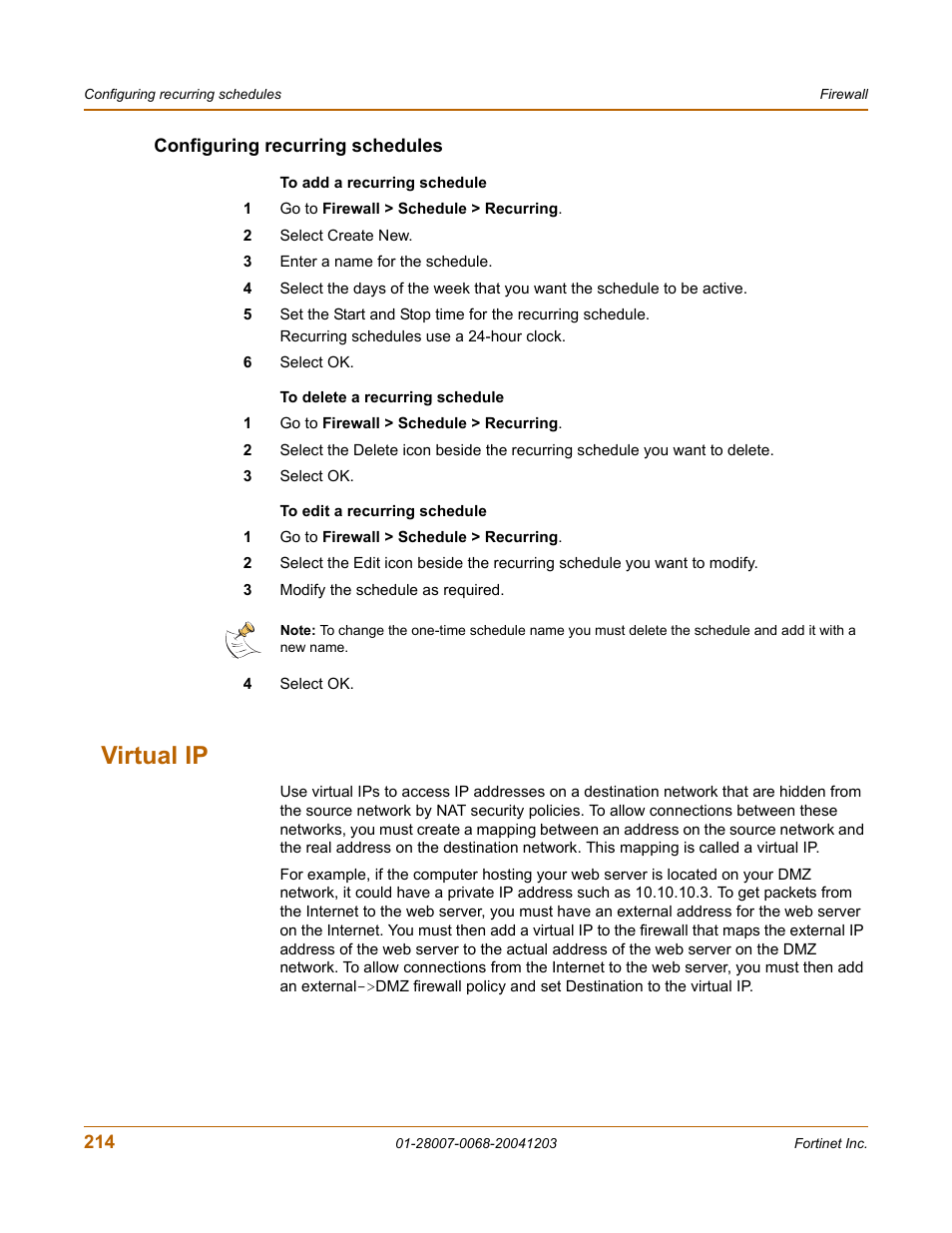 Configuring recurring schedules, Virtual ip, Virtual ip” on | Fortinet 100A User Manual | Page 214 / 374