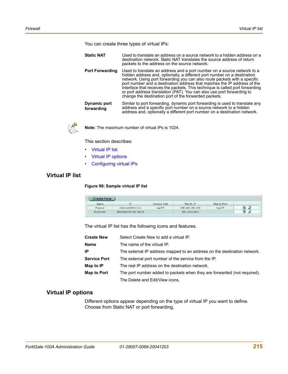 Virtual ip list, Virtual ip options, Virtual ip list virtual ip options | Fortinet 100A User Manual | Page 215 / 374