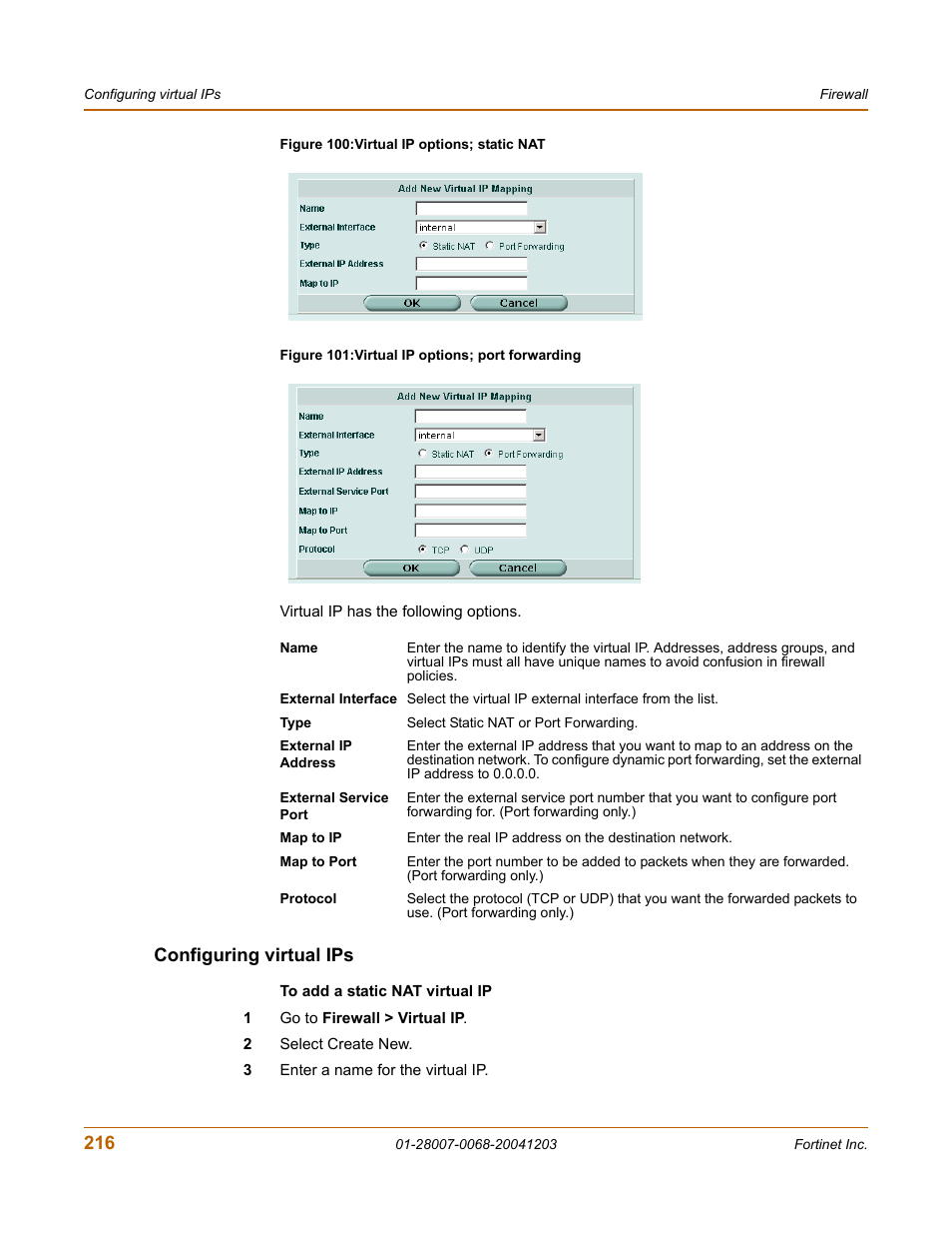 Configuring virtual ips | Fortinet 100A User Manual | Page 216 / 374