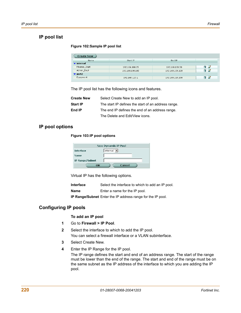 Ip pool list, Ip pool options, Configuring ip pools | Ip pool list ip pool options configuring ip pools | Fortinet 100A User Manual | Page 220 / 374