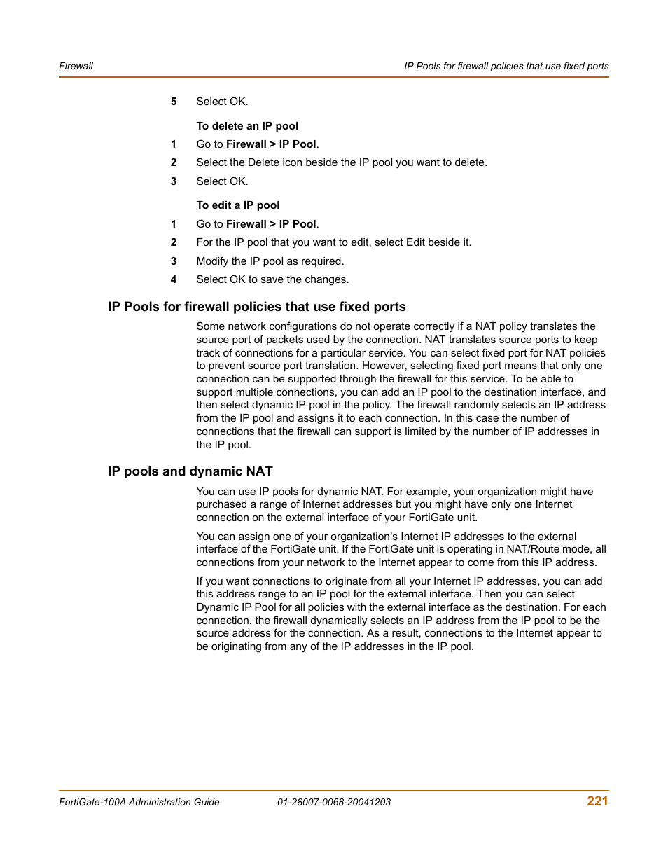 Ip pools and dynamic nat | Fortinet 100A User Manual | Page 221 / 374