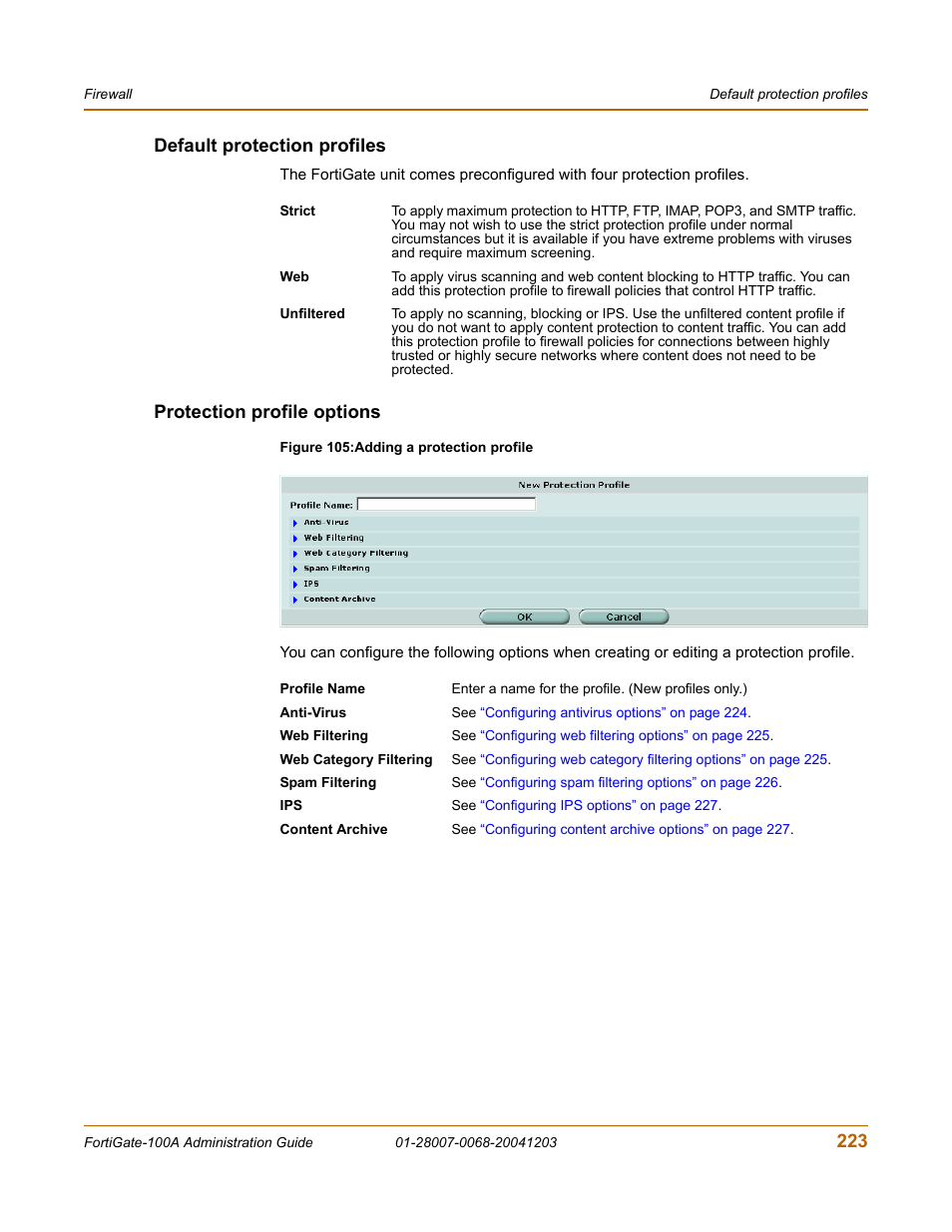 Default protection profiles, Protection profile options, 223 default protection profiles | Fortinet 100A User Manual | Page 223 / 374