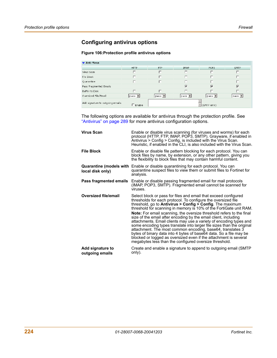 Configuring antivirus options | Fortinet 100A User Manual | Page 224 / 374