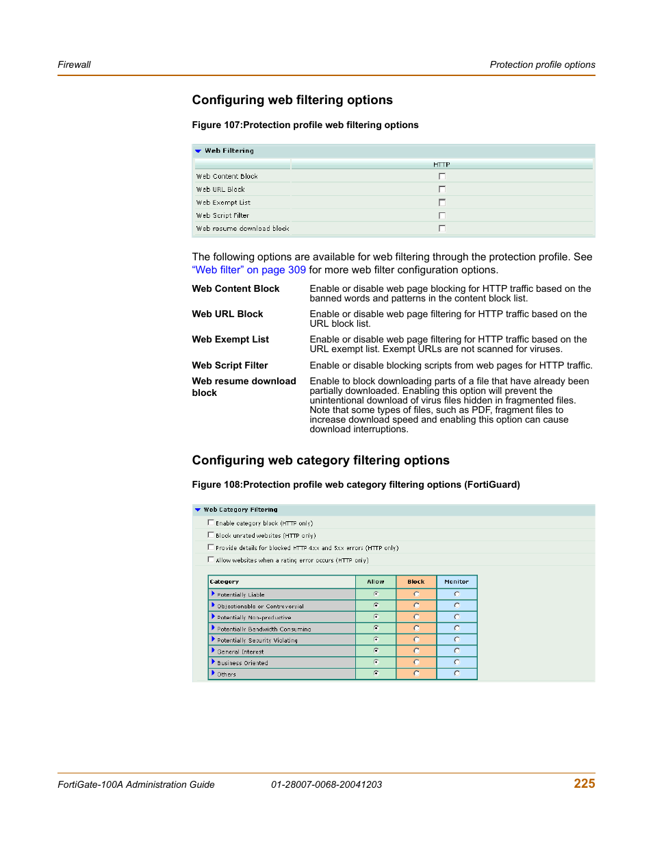 Configuring web filtering options, Configuring web category filtering options, 225 configuring web filtering options | Fortinet 100A User Manual | Page 225 / 374