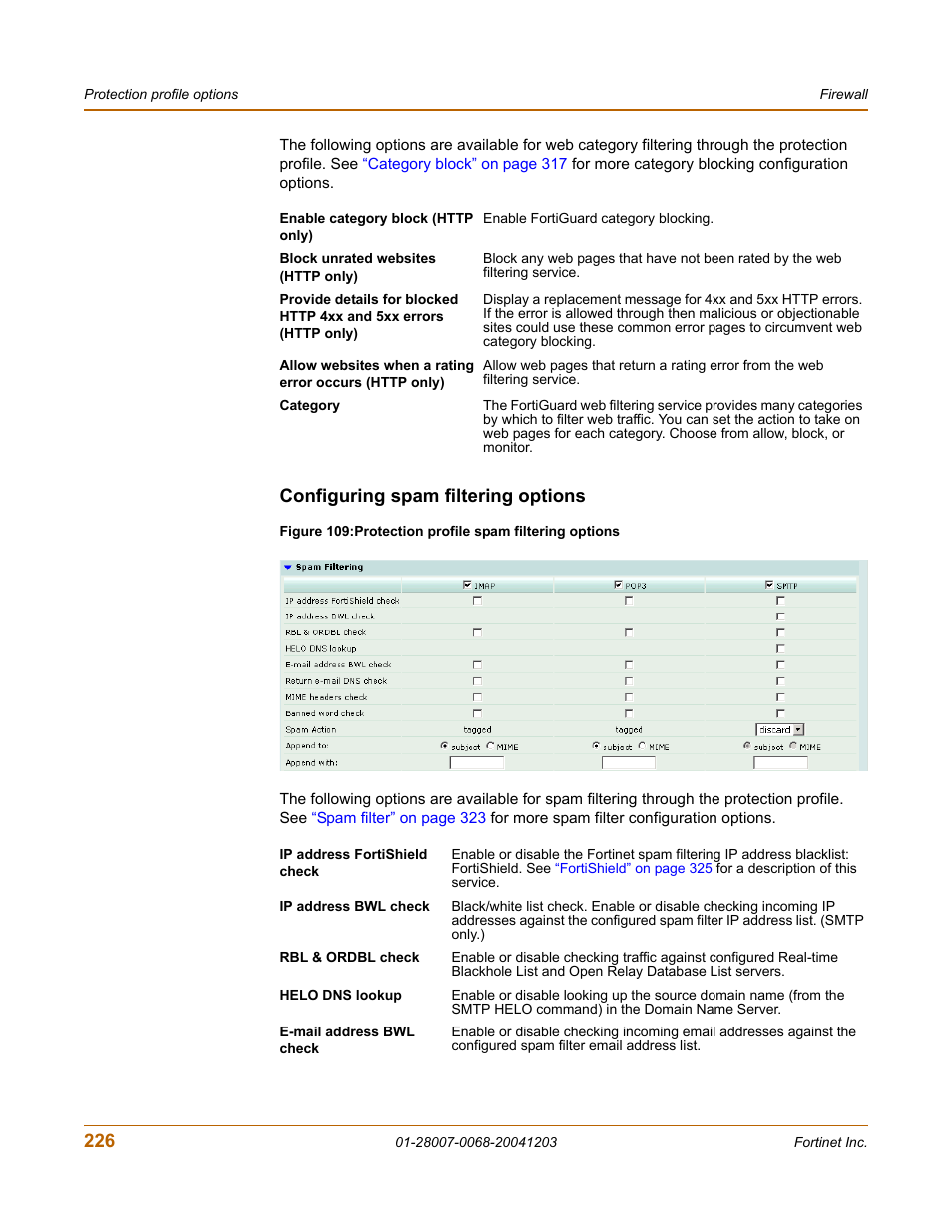 Configuring spam filtering options | Fortinet 100A User Manual | Page 226 / 374