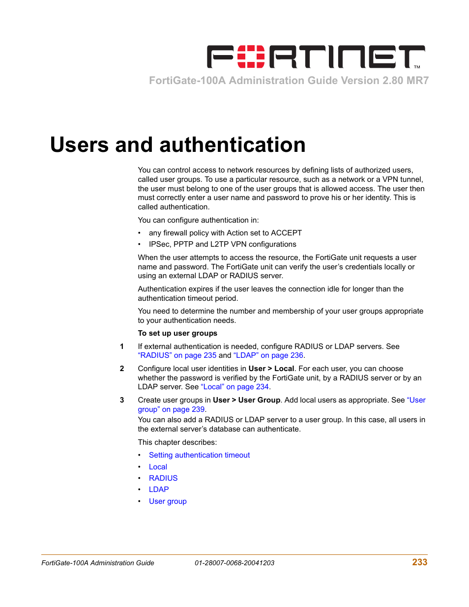 Users and authentication | Fortinet 100A User Manual | Page 233 / 374