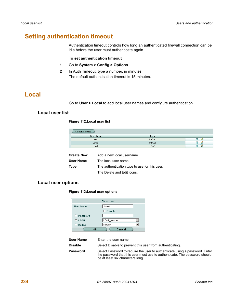 Setting authentication timeout, Local, Local user list | Local user options, Setting authentication timeout local, Local user list local user options | Fortinet 100A User Manual | Page 234 / 374