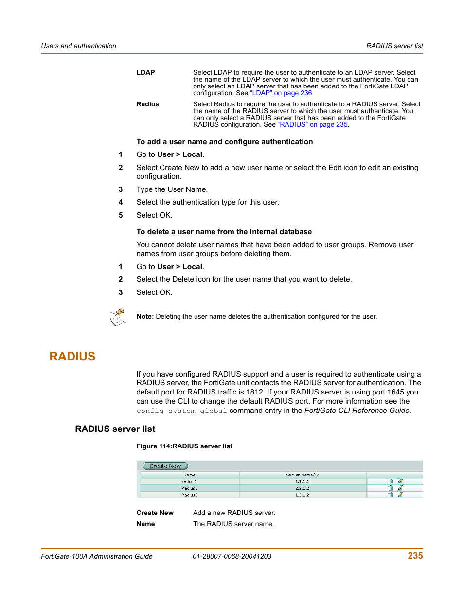 Radius, Radius server list | Fortinet 100A User Manual | Page 235 / 374