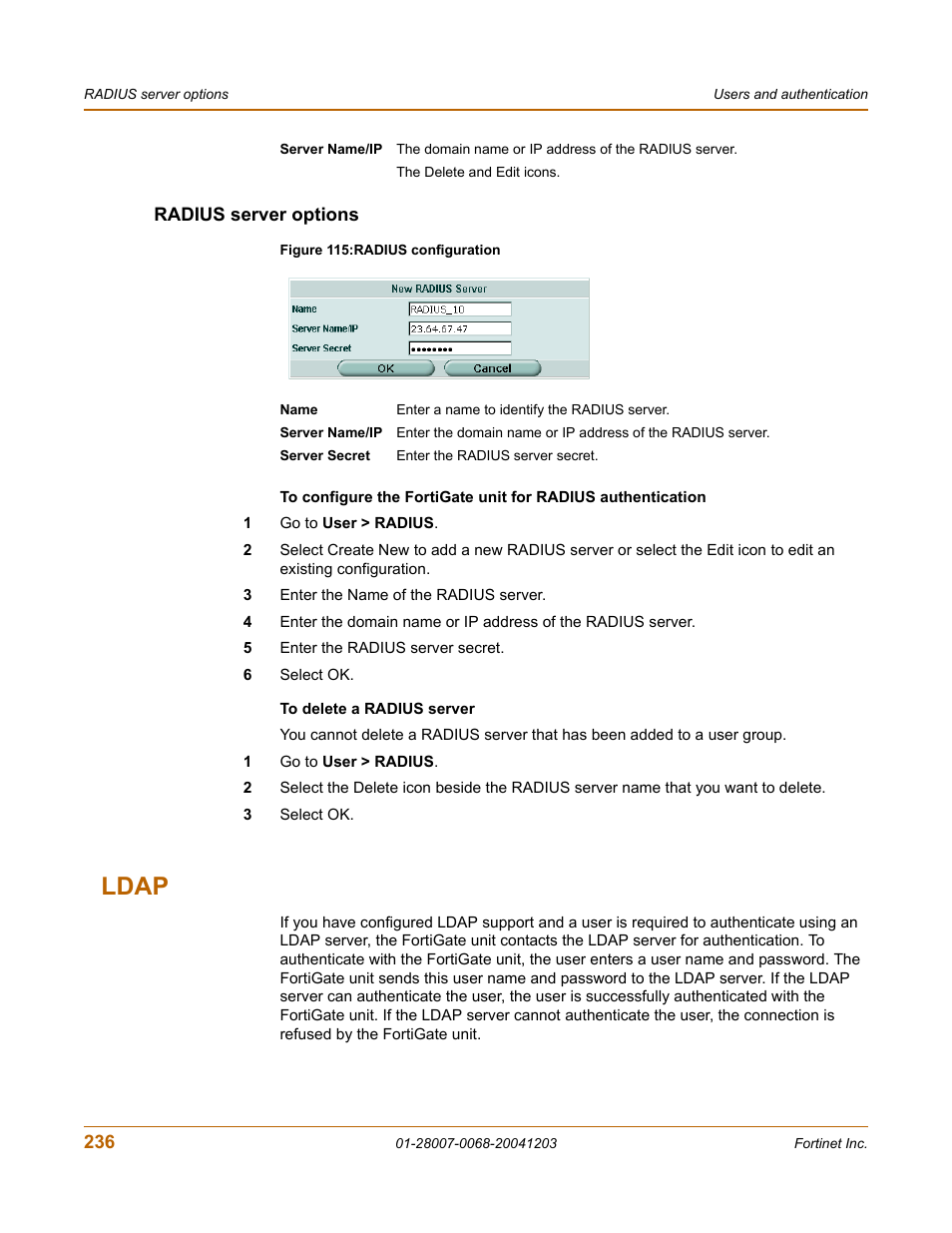 Radius server options, Ldap | Fortinet 100A User Manual | Page 236 / 374