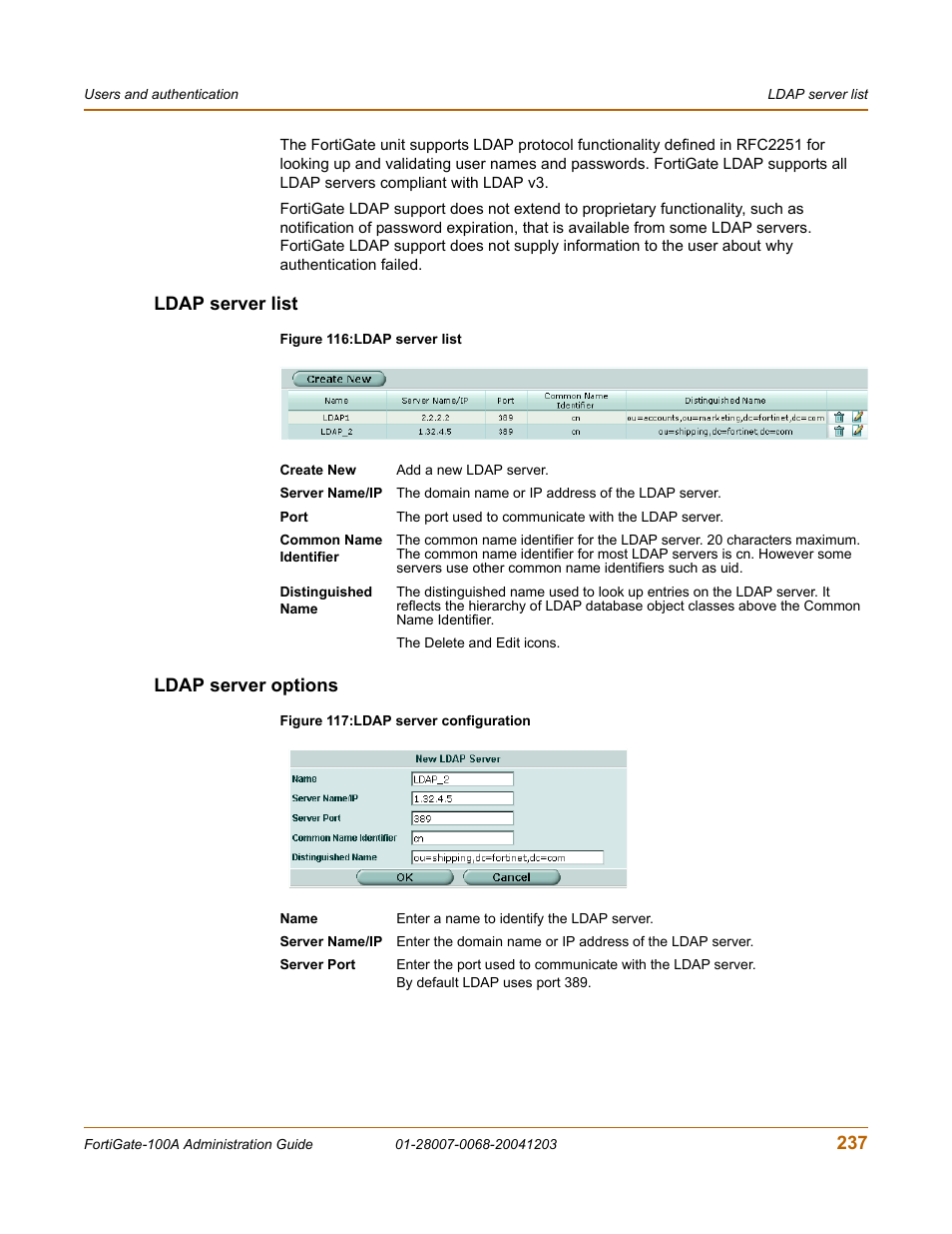 Ldap server list, Ldap server options, Ldap server list ldap server options | Fortinet 100A User Manual | Page 237 / 374