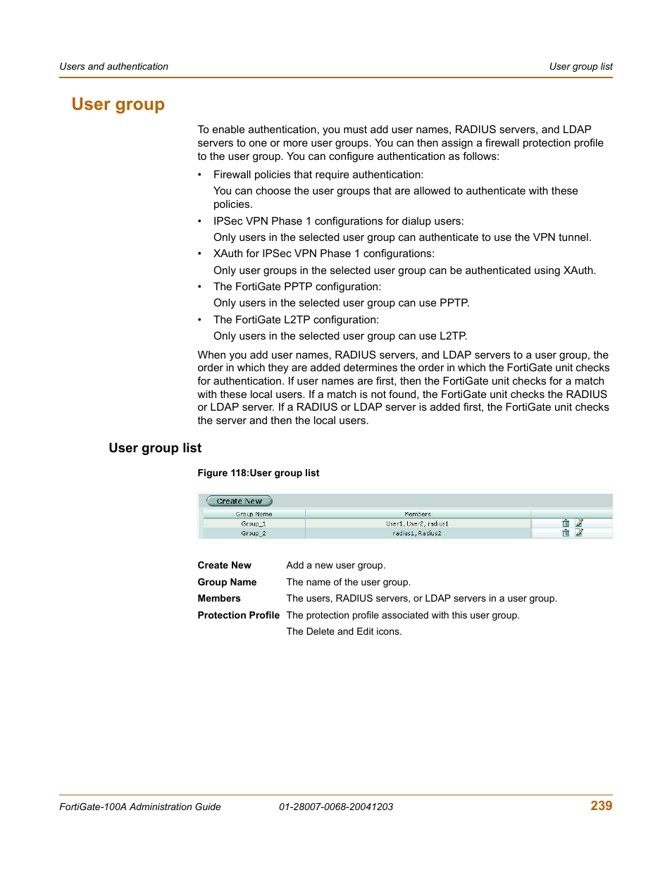 User group, User group list, User | Fortinet 100A User Manual | Page 239 / 374