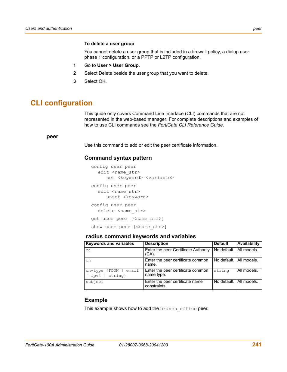 Cli configuration, Peer, Command syntax pattern | Example | Fortinet 100A User Manual | Page 241 / 374