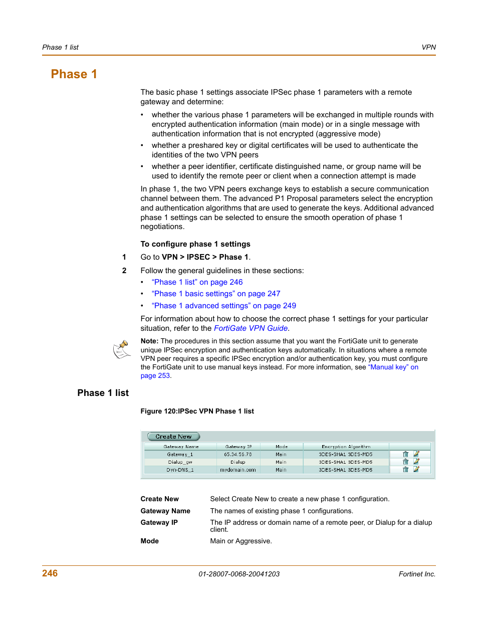 Phase 1, Phase 1 list | Fortinet 100A User Manual | Page 246 / 374