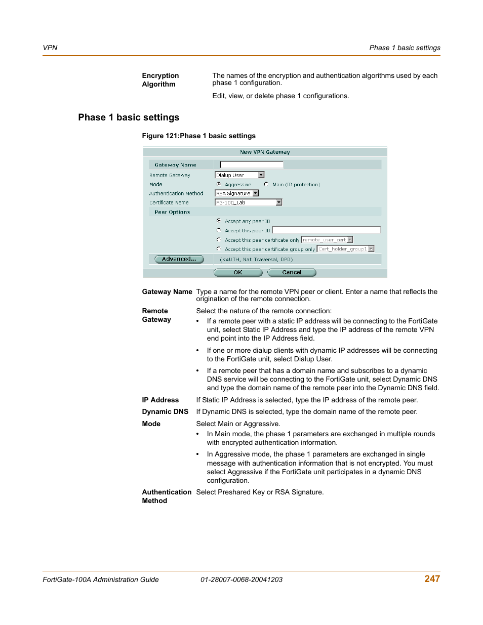 Phase 1 basic settings, 247 phase 1 basic settings | Fortinet 100A User Manual | Page 247 / 374