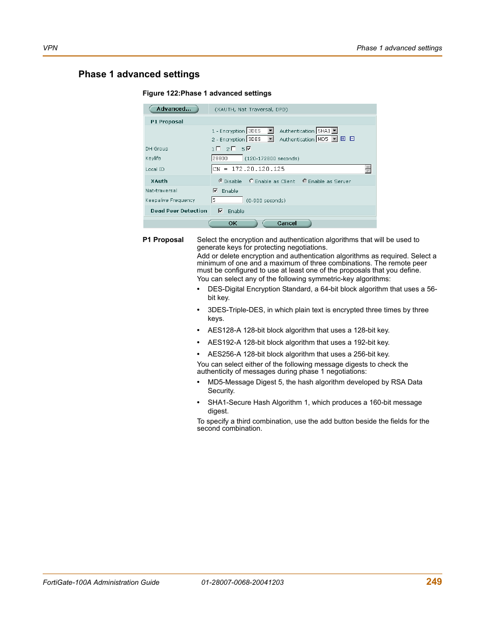 Phase 1 advanced settings, 249 phase 1 advanced settings | Fortinet 100A User Manual | Page 249 / 374