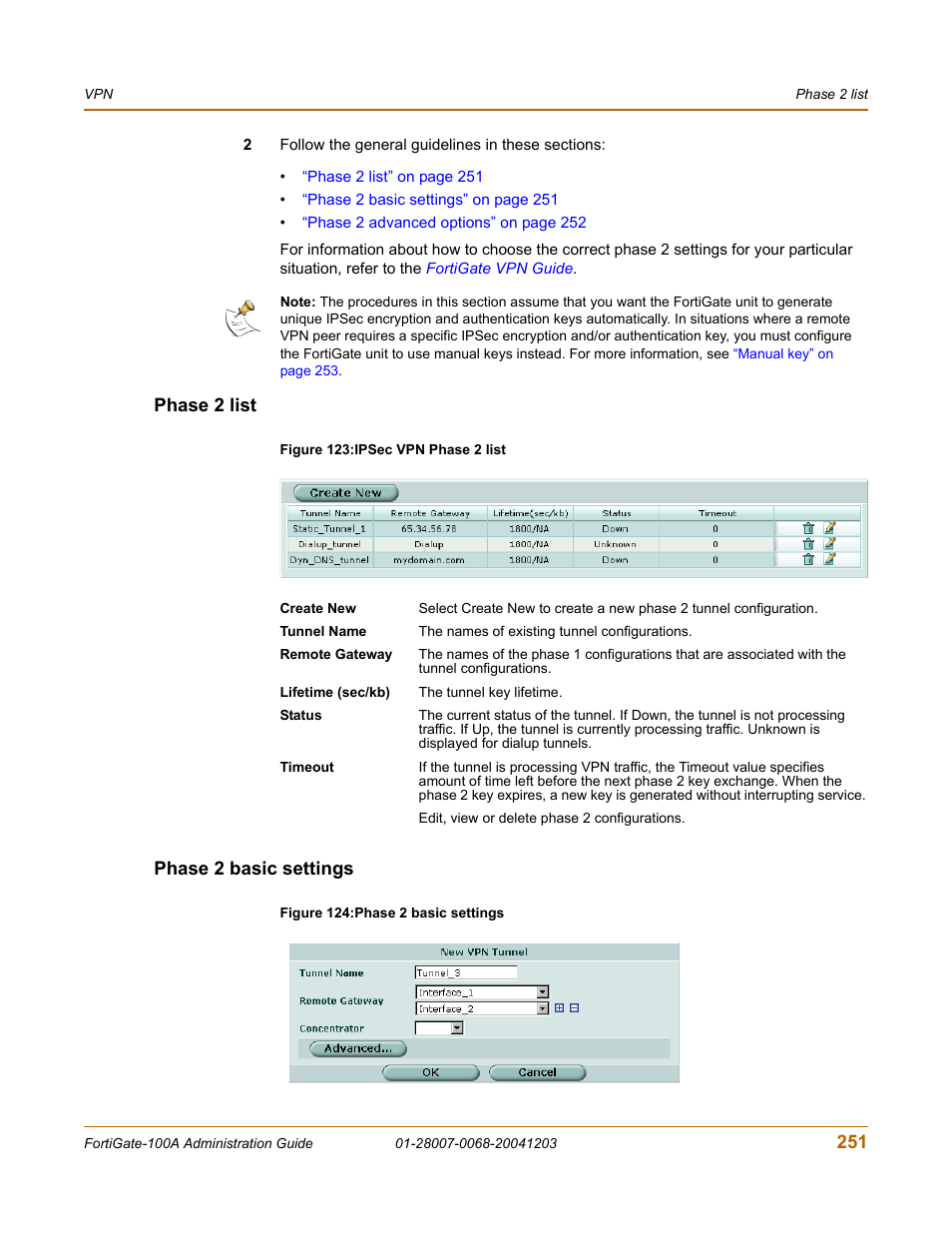 Phase 2 list, Phase 2 basic settings, Phase 2 list phase 2 basic settings | Fortinet 100A User Manual | Page 251 / 374