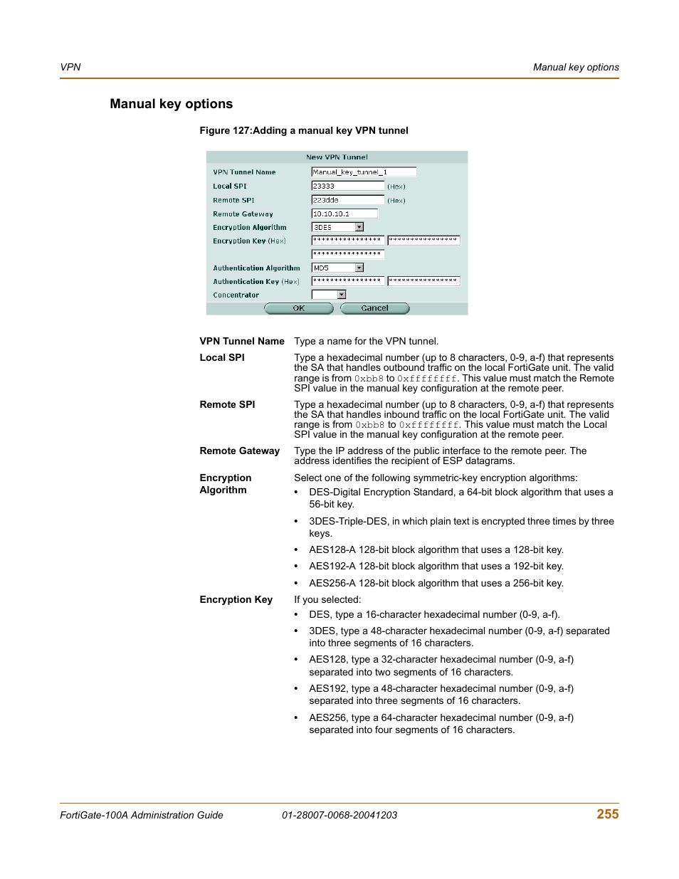 Manual key options, 255 manual key options | Fortinet 100A User Manual | Page 255 / 374