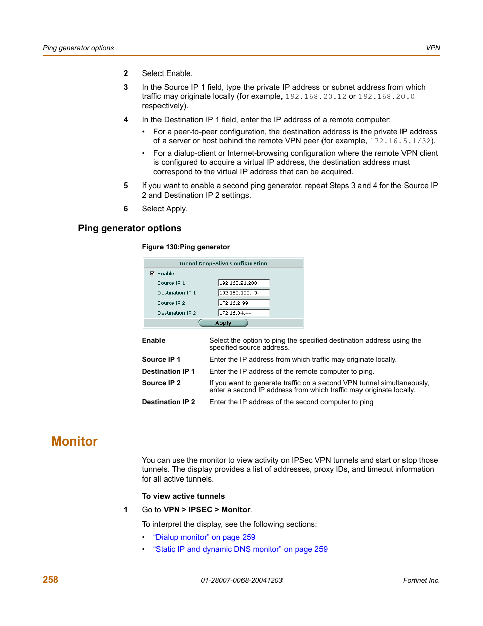 Ping generator options, Monitor | Fortinet 100A User Manual | Page 258 / 374