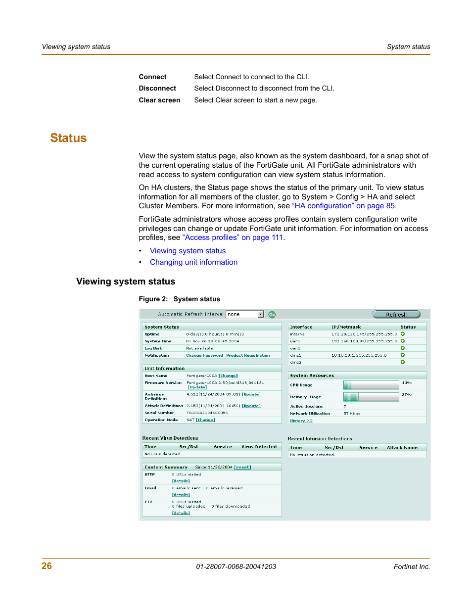 Status, Viewing system status | Fortinet 100A User Manual | Page 26 / 374