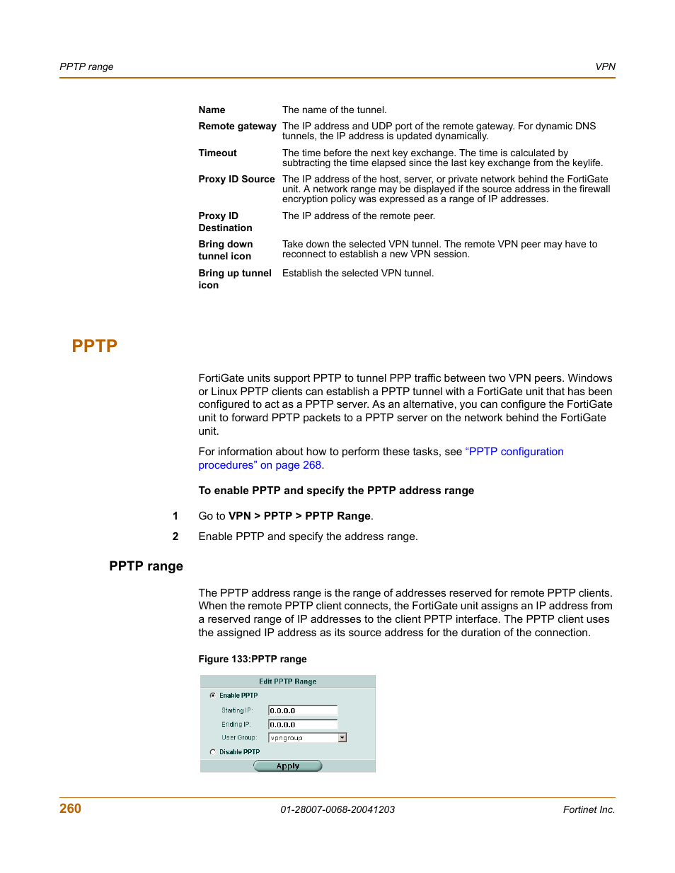 Pptp, Pptp range | Fortinet 100A User Manual | Page 260 / 374