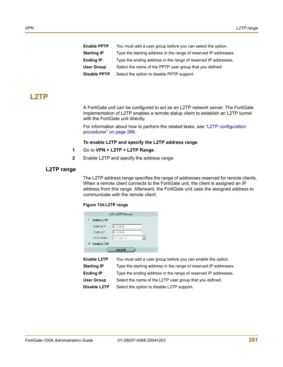 L2tp, L2tp range | Fortinet 100A User Manual | Page 261 / 374