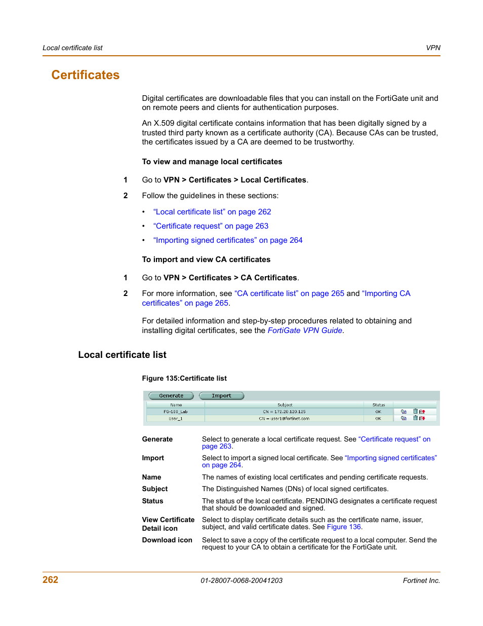 Certificates, Local certificate list | Fortinet 100A User Manual | Page 262 / 374