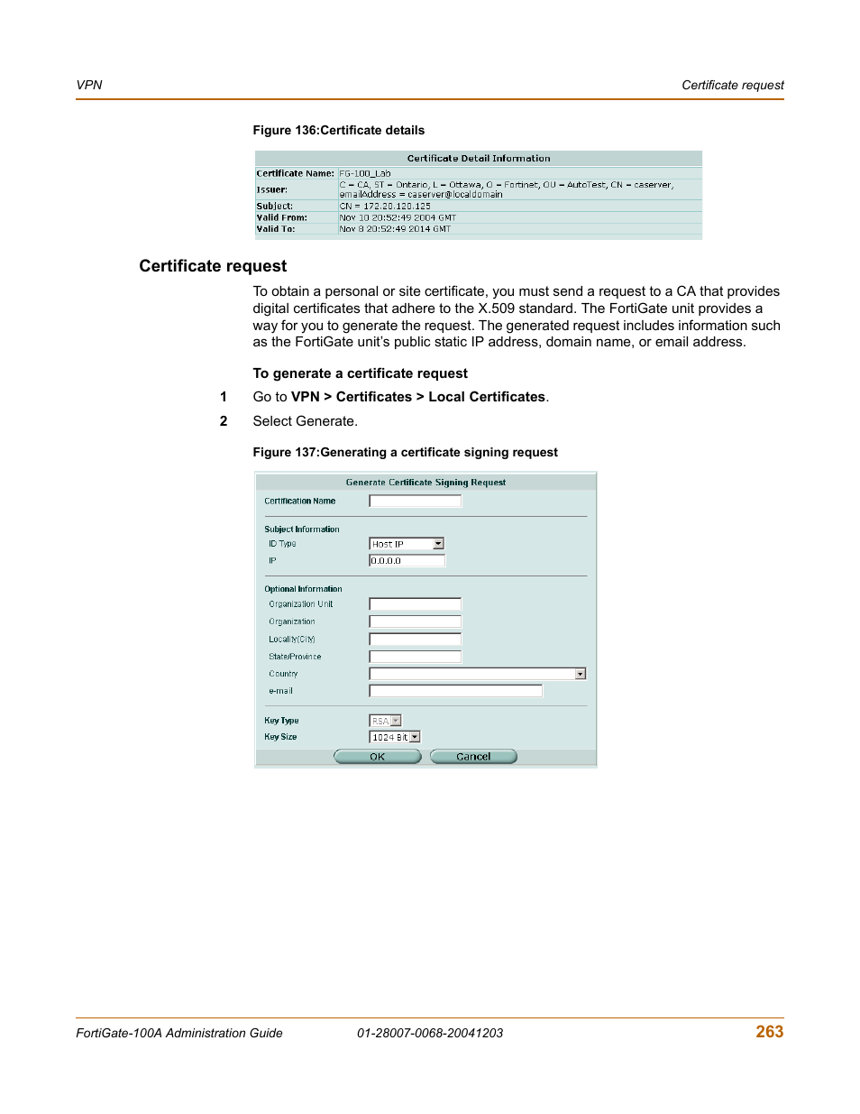 Certificate request, Uest. see, Certificate request” on | Fortinet 100A User Manual | Page 263 / 374