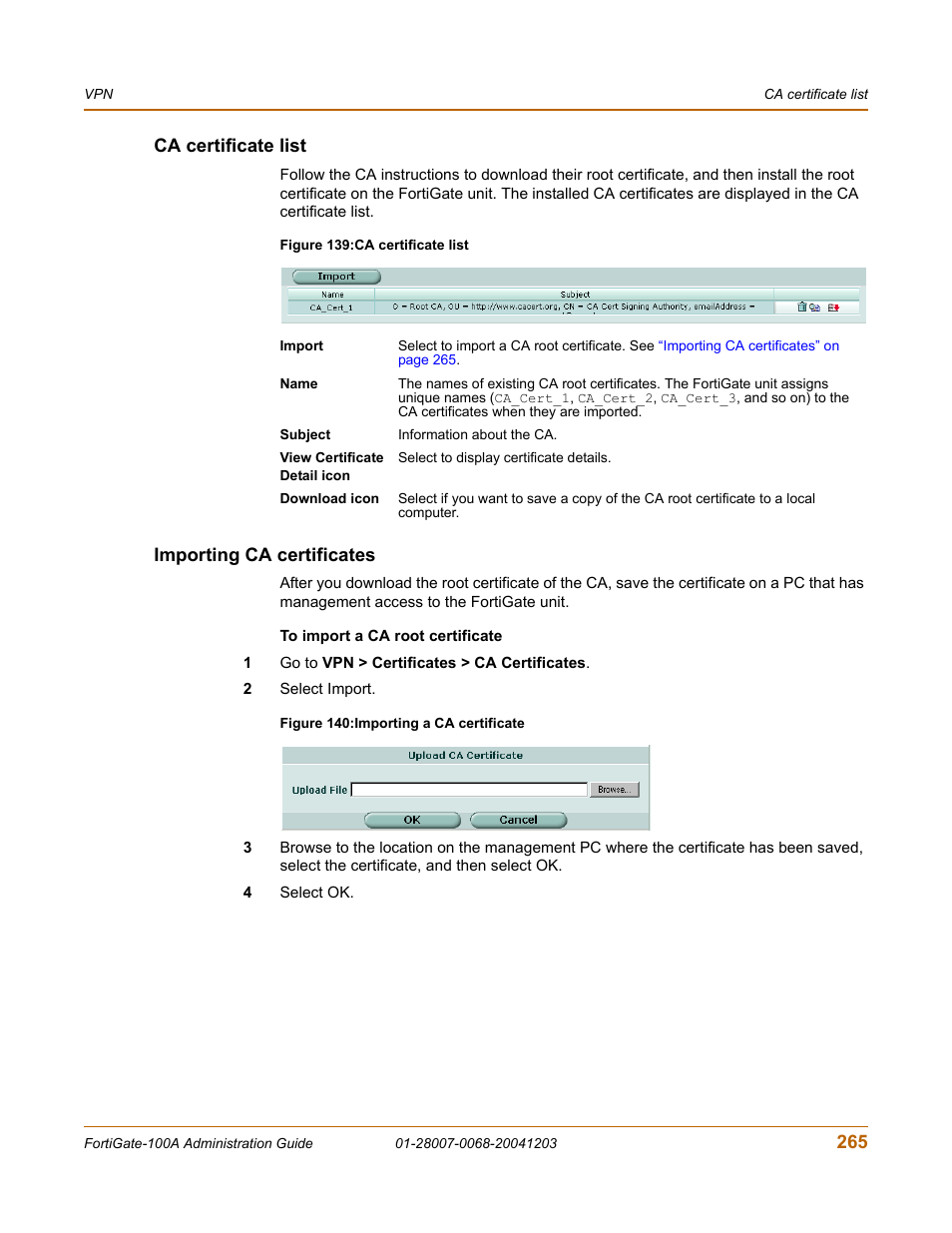 Ca certificate list, Importing ca certificates, Ca certificate list importing ca certificates | Importing ca | Fortinet 100A User Manual | Page 265 / 374