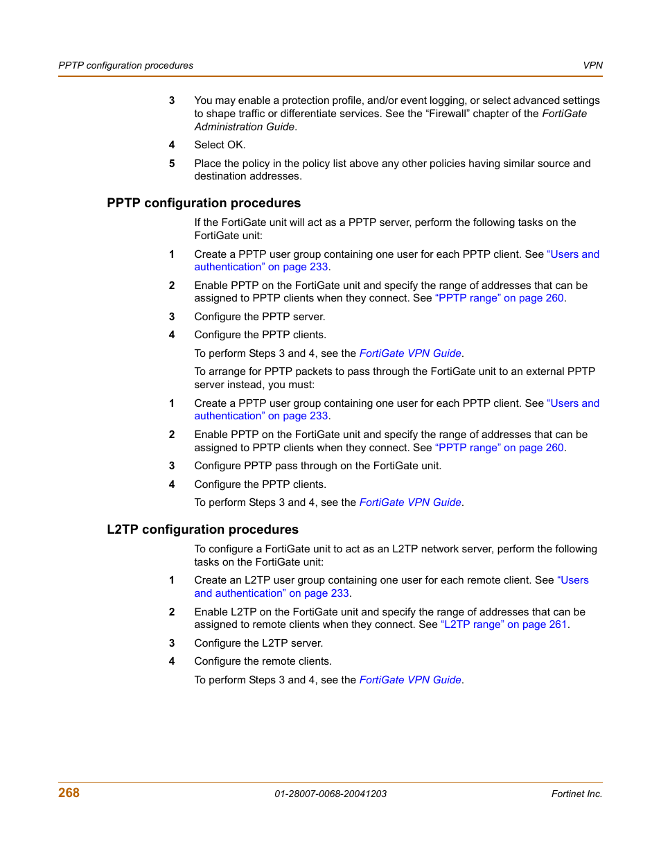 Pptp configuration procedures, L2tp configuration procedures | Fortinet 100A User Manual | Page 268 / 374